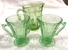 Vintage - Green Depression Glass - Cream & Sugar Set and Small Pitcher -