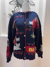 Suéter Cárdigan Azul Feo Navidad Gatos Corazones Medias Mujer M Suéter Loft