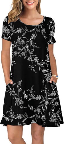 Women'S Summer Casual T Shirt Dresses Short Sleeve Swing Dress Pockets L