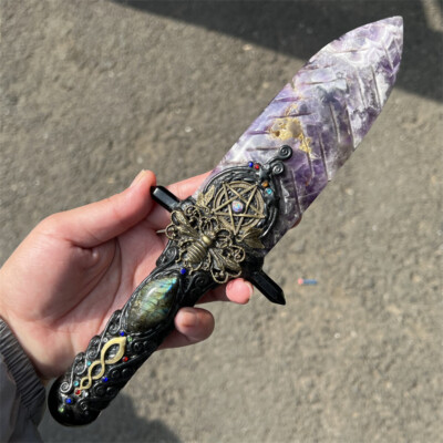 9''+ Natural Dreamy Amethyst Dagger Skull Quartz Crystal Skull Healing Gift 1PC