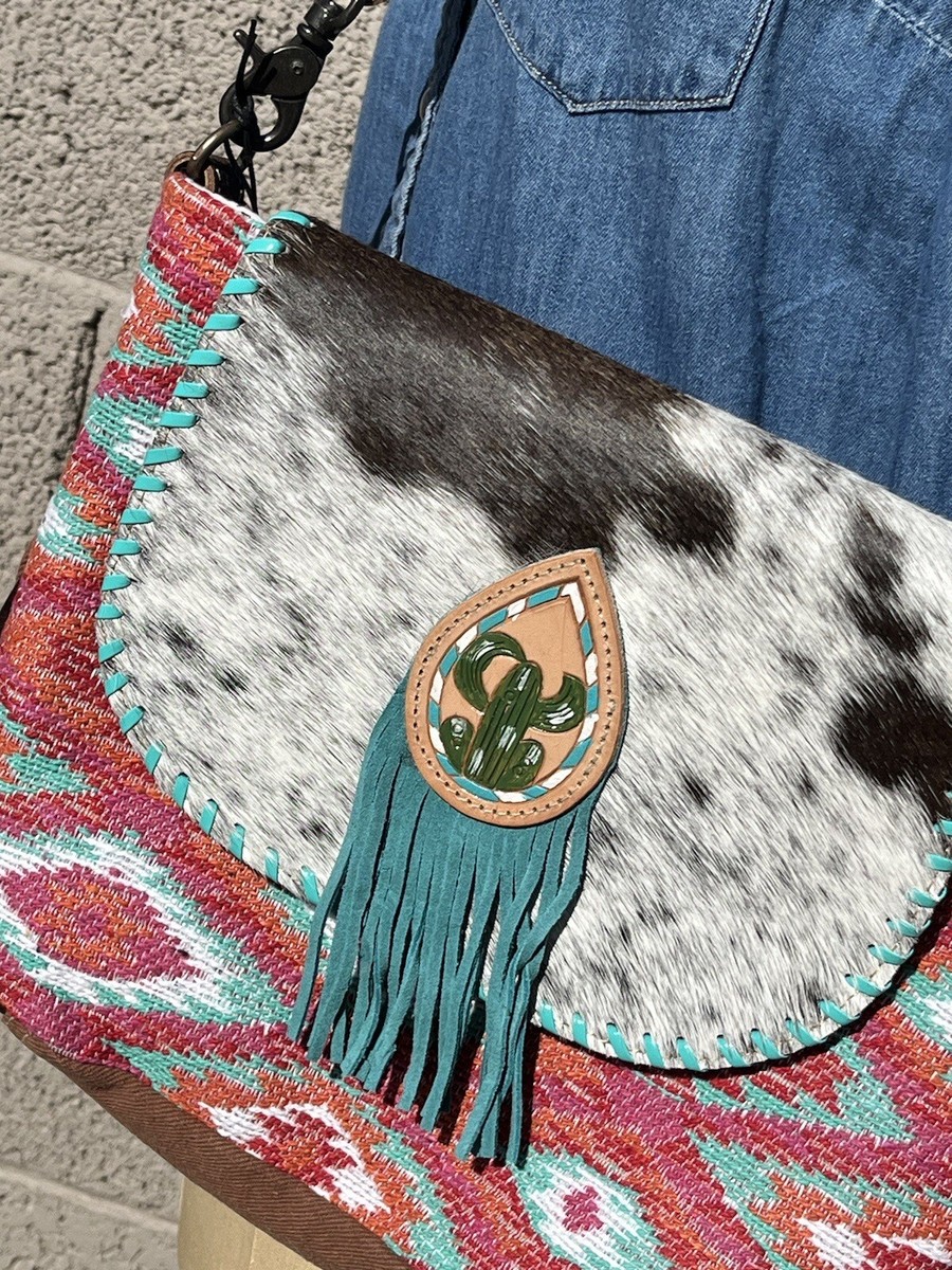 Myra Bag Southwest Leather Hairon Fringe Turquoise Tassel  display picture 2
