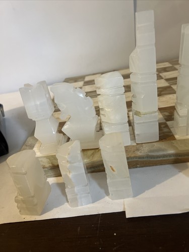 Large Handmade Marble Aztec Coral Green White Onyx Chess Set 17x17 - Picture 11 of 18