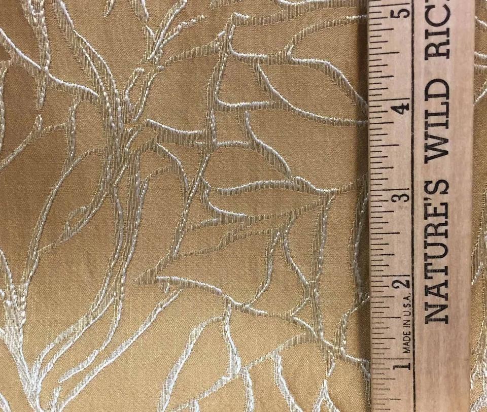 Fabric Gold Silk Like Embroidered Metallic Thread Leaf Plant Heavy Upholstery - Image 2 of 3