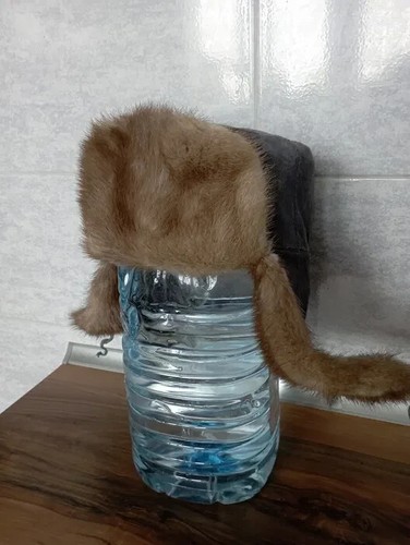 Vintage Men Hat Genuine Mink Beige Fur Leather Warm Winter USSR Russian CAP 58 - Picture 10 of 14