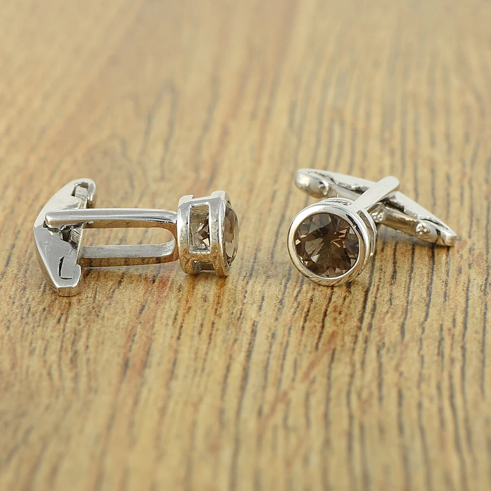 Gemelos redondos de cuarzo ahumado marrón natural para hombre de plata de ley regalos para papá Foto 3 de 3