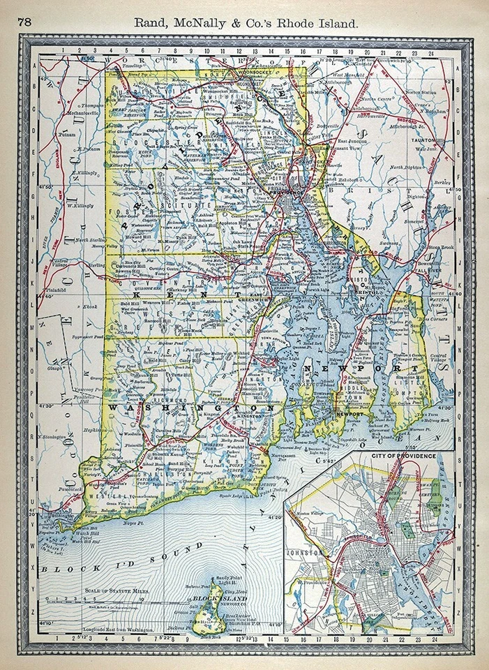 Mapa ferroviario Rand McNally 1881 Rhode Island Providence Newport Block Island RI Foto 2 de 4