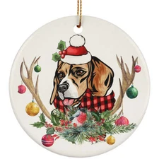 Cute Beagle Dog With Antlers Reindeer Flower Christmas Circle Ornament Gift