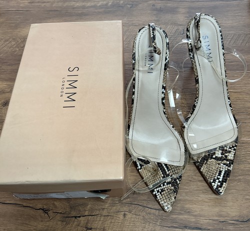 Simmi London beige Kunstschlangenleder Perspex Stiletto Absätze Größe 7UK.