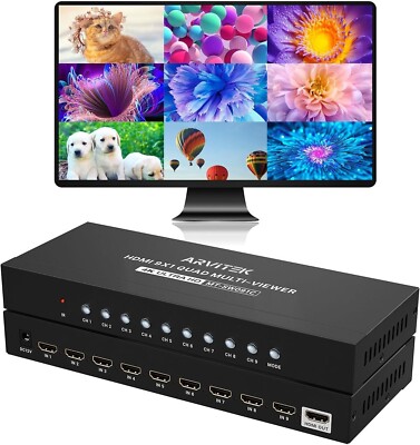 HDMI Multi-Viewer 9x1, 4K@30Hz Quad Seamless HDMI Multiviewer Switcher 9 in 1