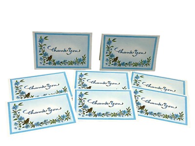 (8) Vintage Fravessi THANK YOU Notes Blue Flowers Bird Designed by Thelma