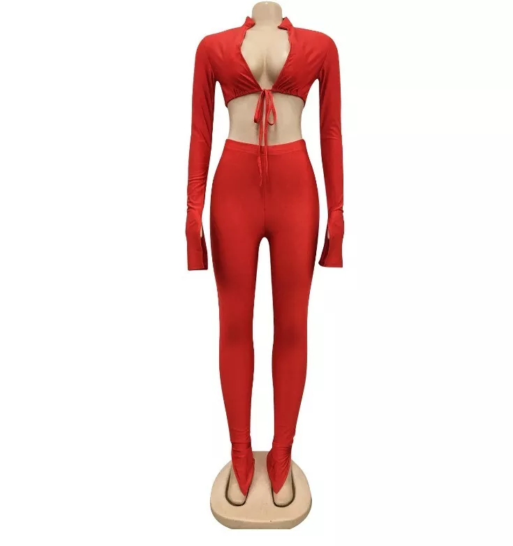 Women Solid Sexy 2PC Set Petal Sleeve Cut Out Tops + Slit Trousers Club Outfit Z