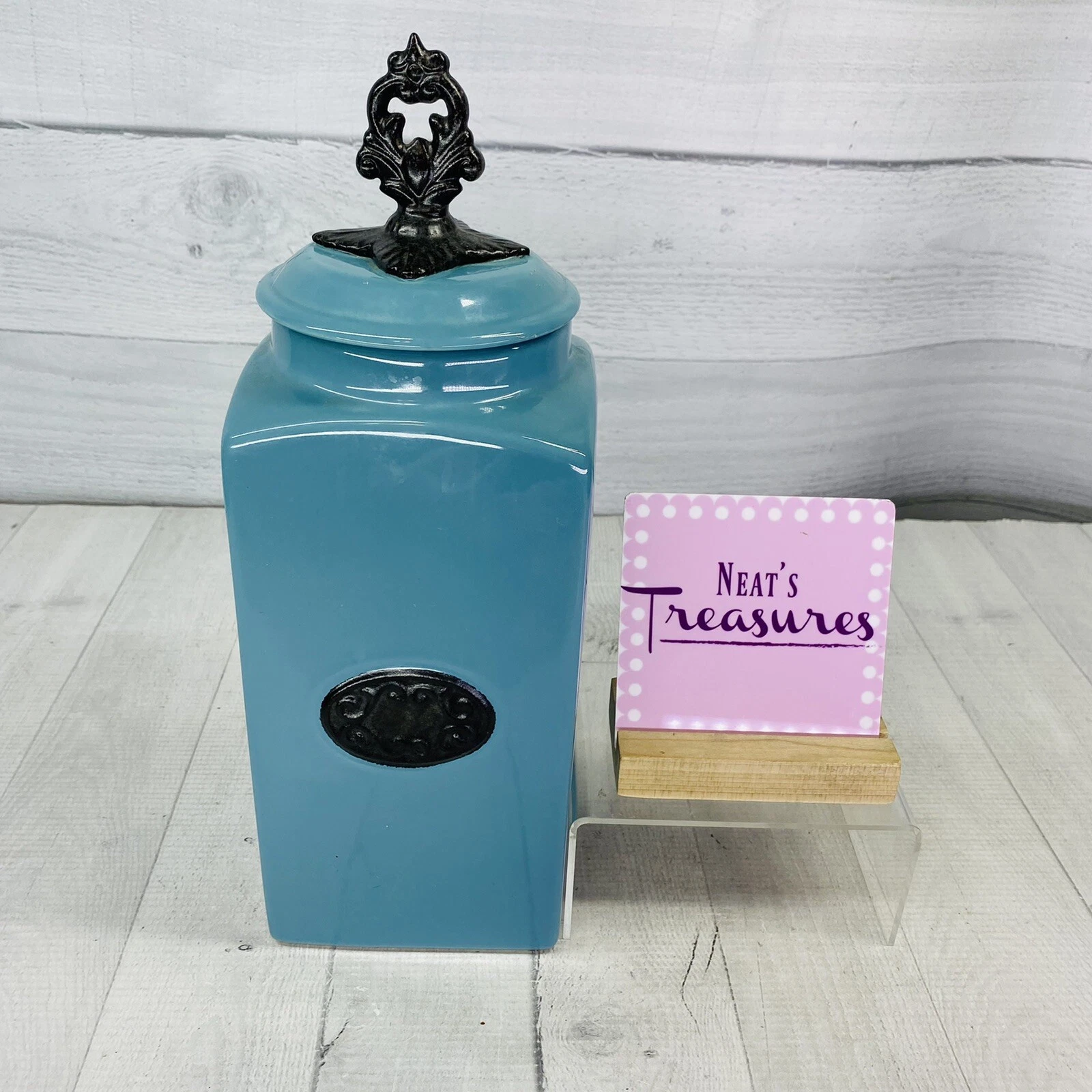 American Atelier At Home Teal Blue Square 13" Tall Rubber Seal Lid Canister Jar
