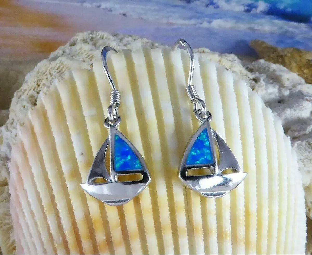 REAL STERLING SILVER BLUE OPAL SAILBOAT WIRE EARRINGS eBay