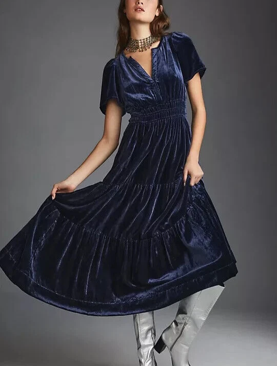 Anthropologie XL NWT Somerset Velvet Edition Maxi Dress Long Tiered Navy  Blue | eBay