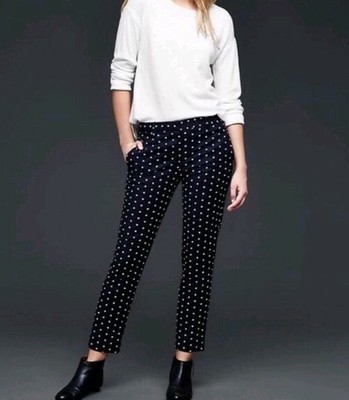 navy blue pants with white polka dots