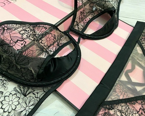 LUXE VICTORIA SECRET Floral Black Embroidered Peek A-Boo Push Up Bra Thong Set - Picture 3 of 9