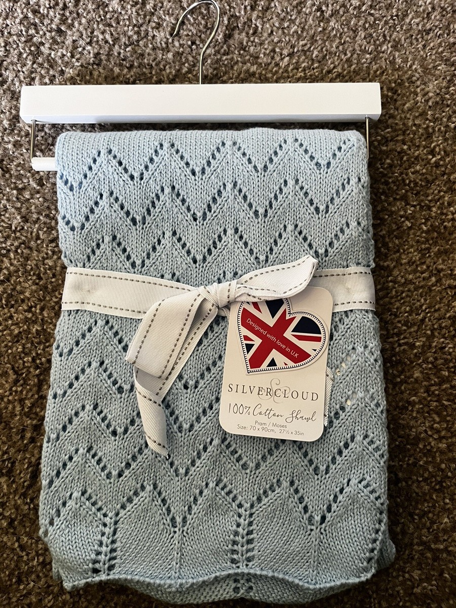 Silvercloud 100% Cotton Shawl Baby Blanket Pram/Moses Blue