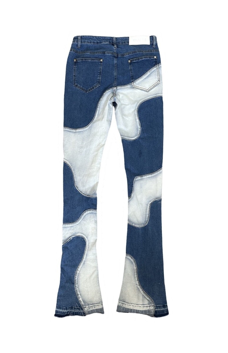 GUAPI Vintage Blue White Wavy Stacked Denim Jeans Men's Size