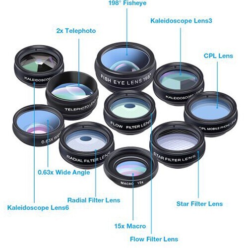 Kit objectif caméra téléphone portable 10 en 1 universel à clipser pour iPhone Android - Photo 11 sur 18