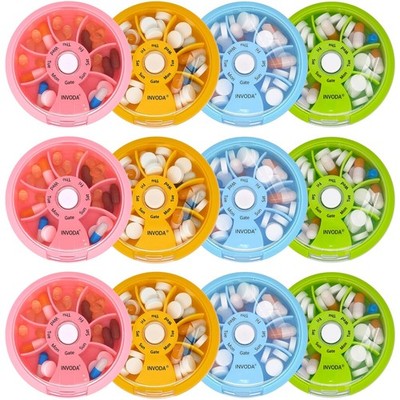 INVODA 12PCS Weekly Pill Organizer 7 Compartment Rotating Travel Vitamin Box