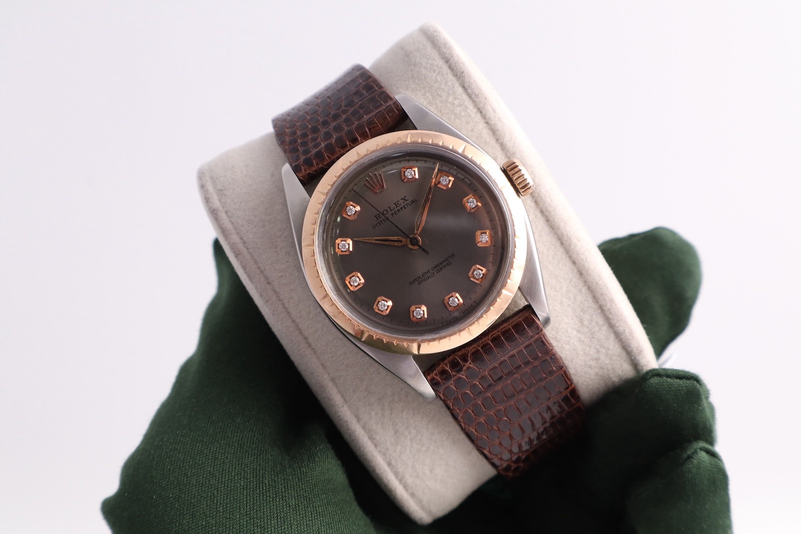 Rolex Oyster Perpetual Zephyr 6582 Diamond Dial 34mm Rose Gold Rare Unisex Watch