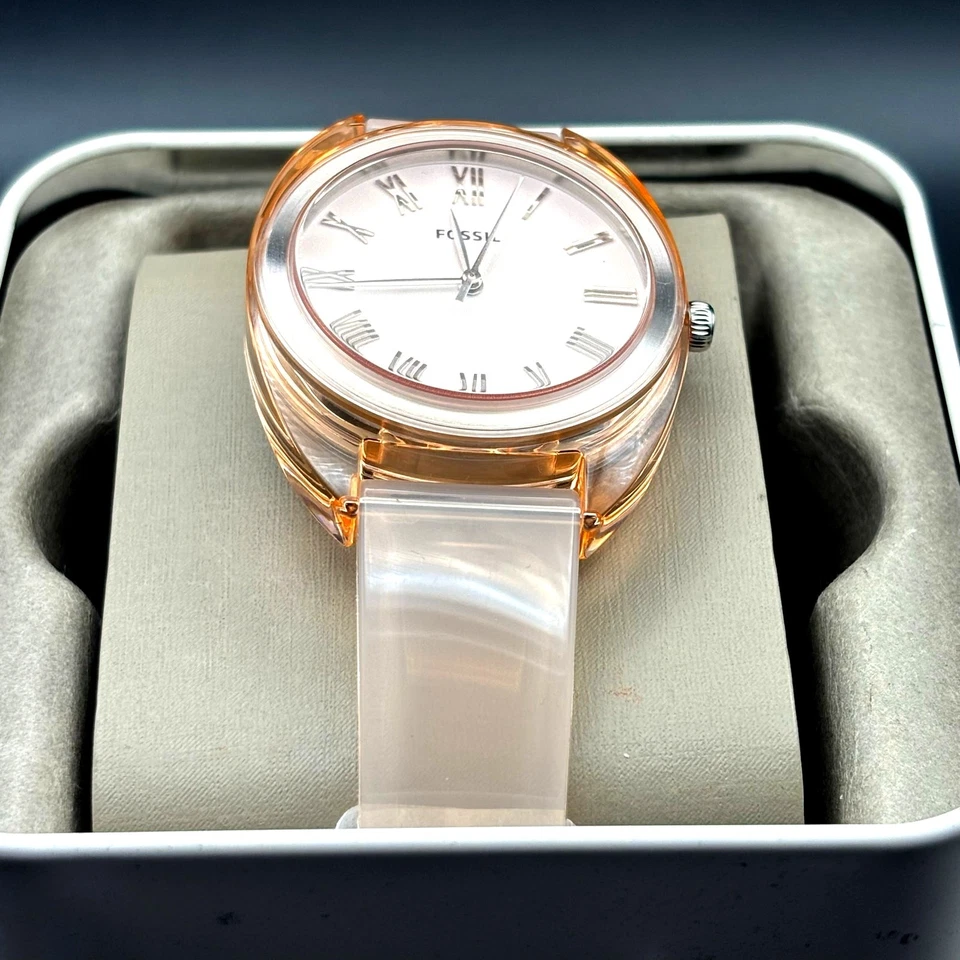 Reloj de cuarzo Fossil para mujer ES4856 Jude 38 mm silicona melocotón tres manecillas nuevo en caja con etiquetas Foto 2 de 4