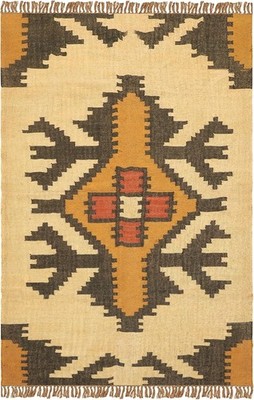 Handgewebter Woll Jute Kelim Teppich Farbe Beige & Schwarz Design Carpet Rug