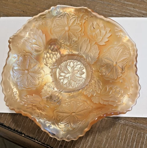 Pink Depression Glass Bowl 3 footed Floral Lead Design shape 6” Marigold