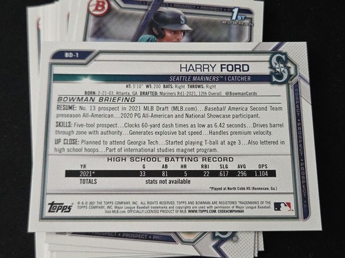 Lote de 3 tarjetas Bowman Draft Paper Harry Ford Seattle Mariners 2021 primer #BD-1 - Imagen 2 de 2
