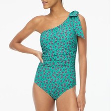 J.Crew One Shoulder Bow One-Piece Swimsuit SZ L Green Purple Floral Print Lined