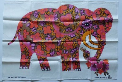 Rare Vintage 1970s Belinda Lyon Oxfam Elephant Print Linen Tea Towel New Unused