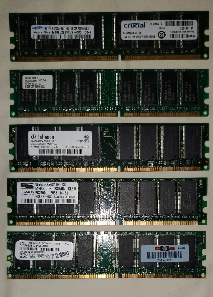 LOT OF (5) 256 512 MB 1 GB DDR DIMM SDRAM Crucial Infineon HP Memory - Various - Image 2 of 4