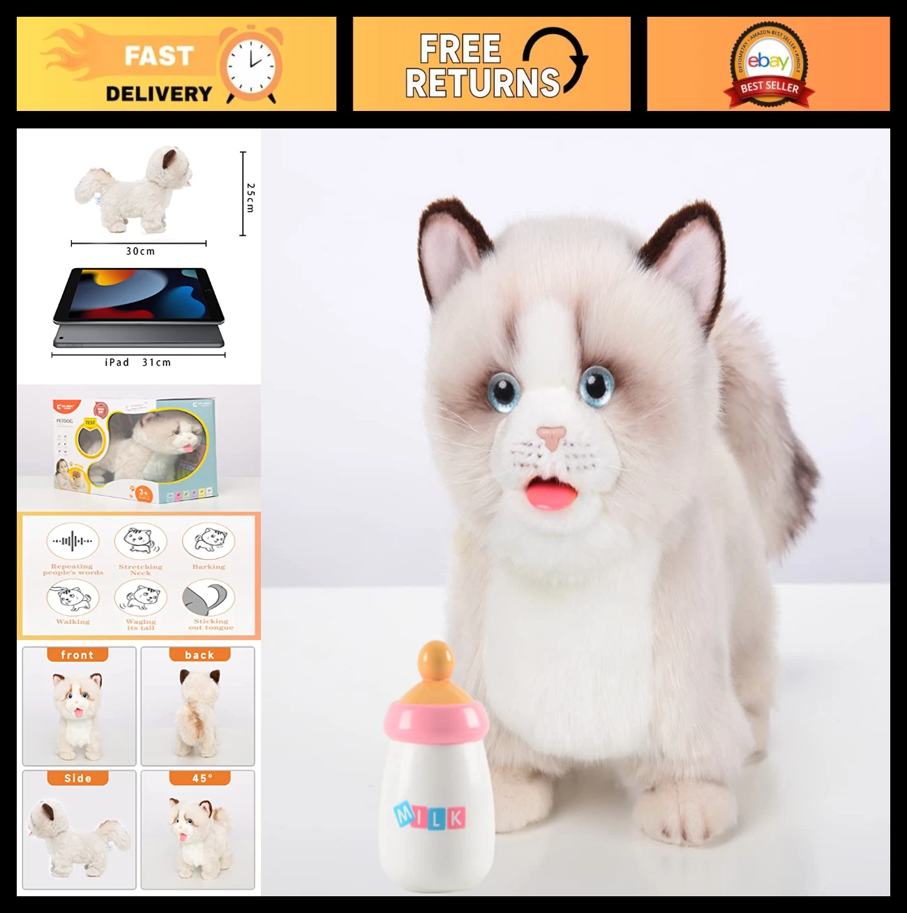 Interactive Ragdoll Cat Toy - Realistic Walking, Barking, Wagging Tail, Talking