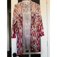 Chico s Size 2 M Open Front Cardigan Ikat Print 3/4 Sleeve Lightweight