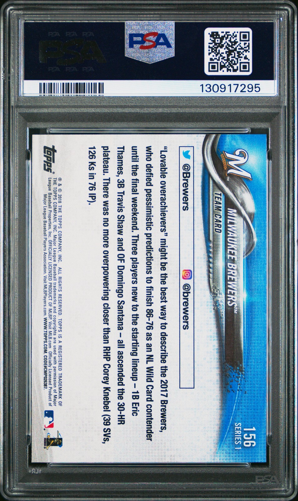 2018 TOPPS #156 MILWAUKEE BREWERS PSA 10 view 2