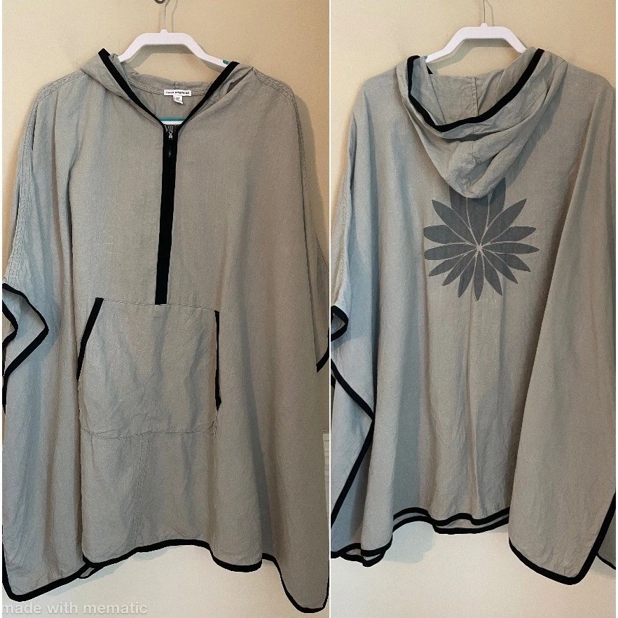 Standard James Perse One Size Hooded Half Zip Belgian Linen Poncho Flower Back
