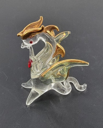 Miniature Dragon Hand Blown Glass Gold Trim Mythical Figurine Red Heart 2"