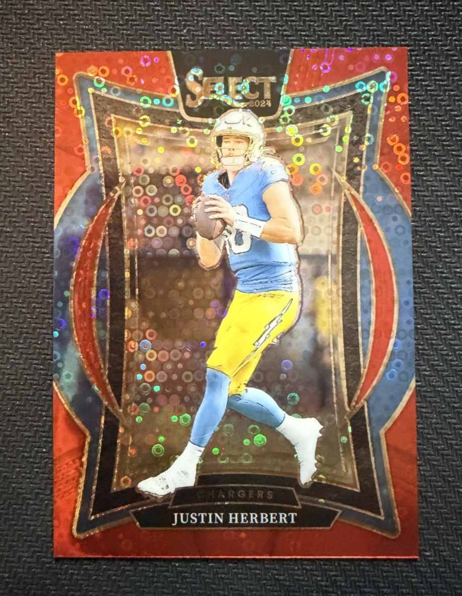 Justin Herbert 2024 Panini Select Concourse Red Disco Prizm /49 Chargers