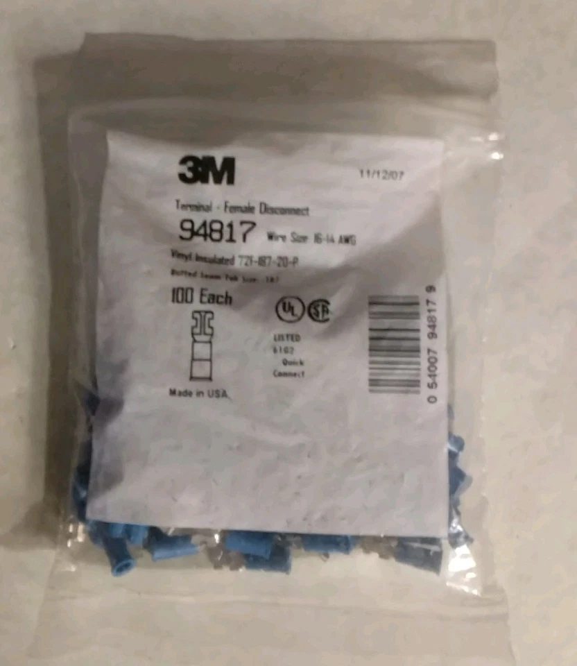FEMALE DISCONNECT 16-14 AWG BLUE VINYL .187" MADE IN USA  100/BAG 3M-94817 - NEW - Image 2 of 2