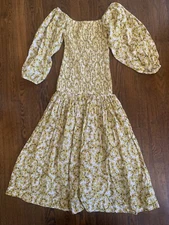 RHODE Harper Shirred Puff Sleeve Midi Dress Womens M