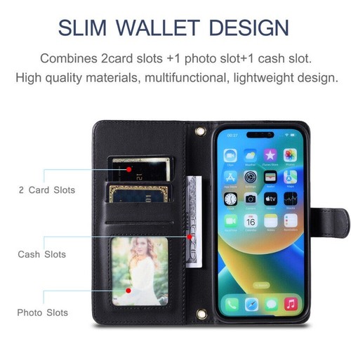 Flip Leather Wallet Strap Cover Case For iPhone 16 15 Pro Max 14 13 12 11 XR - Picture 28 of 87