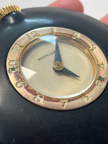 WORKS VTG 1930's WESTCLOX Art Deco Black Bakelite Pocket Watch Style Purse Clock - Picture 6 of 9