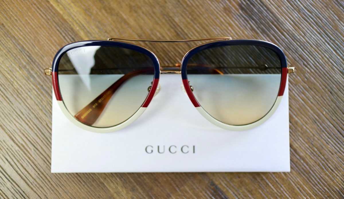Gucci GG0062S 013 57mm Aviator Sunglasses in Red/White/Blue and