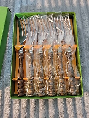 6 NOS Vtg Edelstahl Rostfrei Wooden Handle Kuchengabeln Pastry Fork MCM Germany 