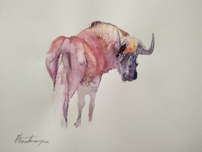 Gnu, Animal, Watercolor artwork, Handmade, Original painting on paper