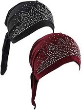 Crystal Chemo Hat Woman's Stretchy Beanie Bandana Turban Cap 1 Black 1 Red