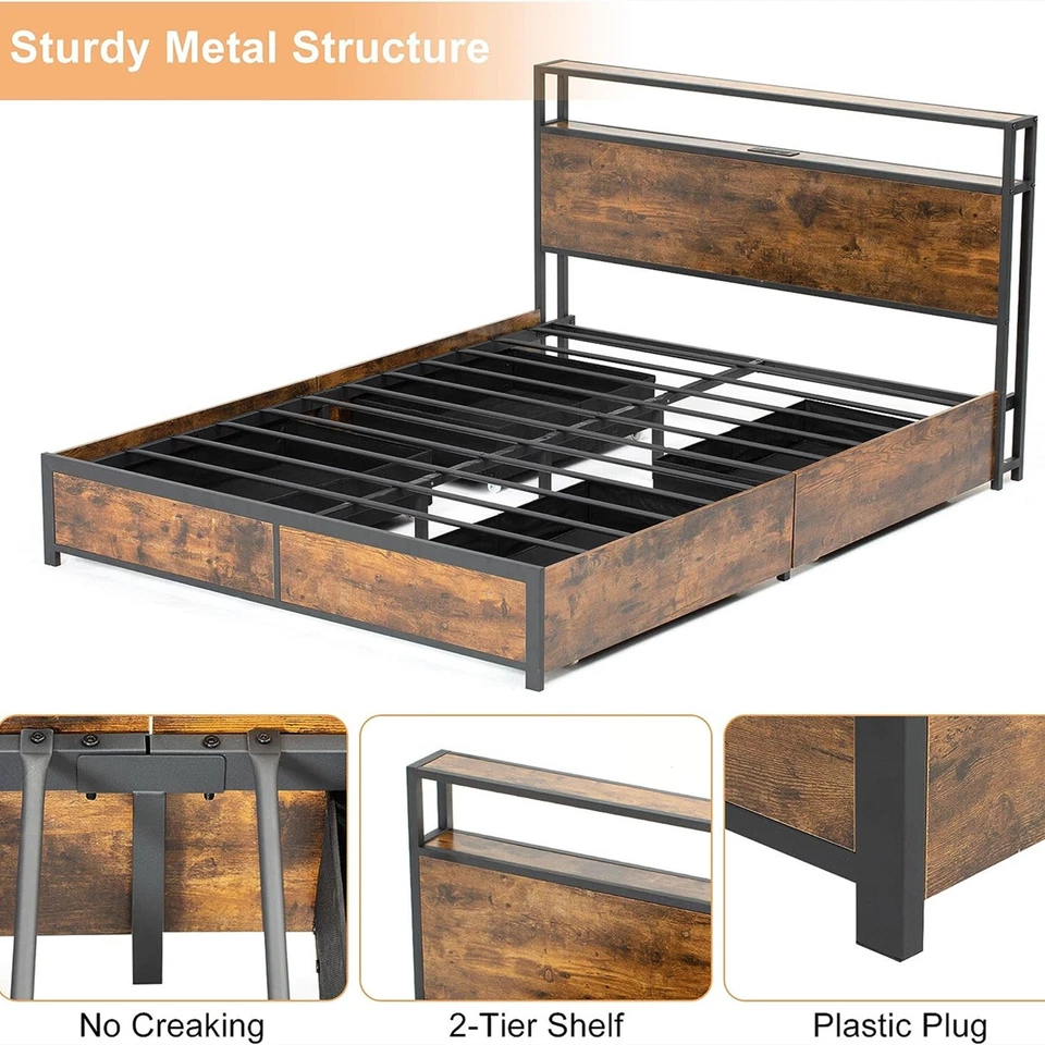 Queen and Full Size Bed Metal Platform with Storage Drawers Headboard USB Ports - Image 4 of 4