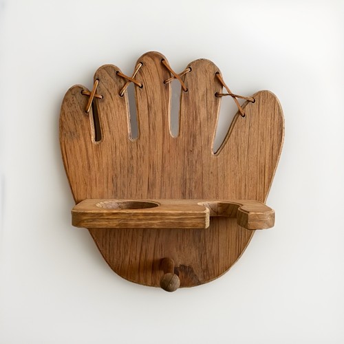 Wooden Glove Baseball Mitt Shaped Bat & Ball Holder Wall Mount Display Handmade