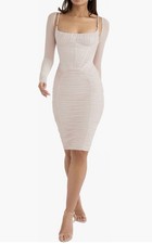 House of CB FREYJA Satin Ruched Long Sleeve Body-Con Dress Small A/C Crystal