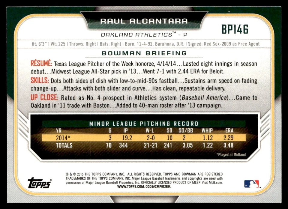 2015 Bowman Prospects Raul Alcantara Oakland Athletics #BP146 - Image 2 of 2